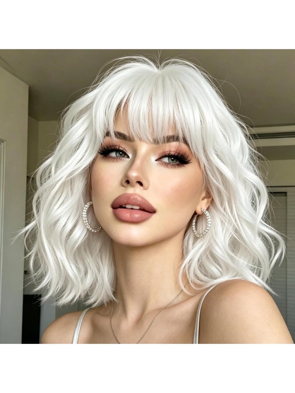 14Inch Women's White Short Bob Shoulder Length Wavy Synthetic Wigs With Bangs